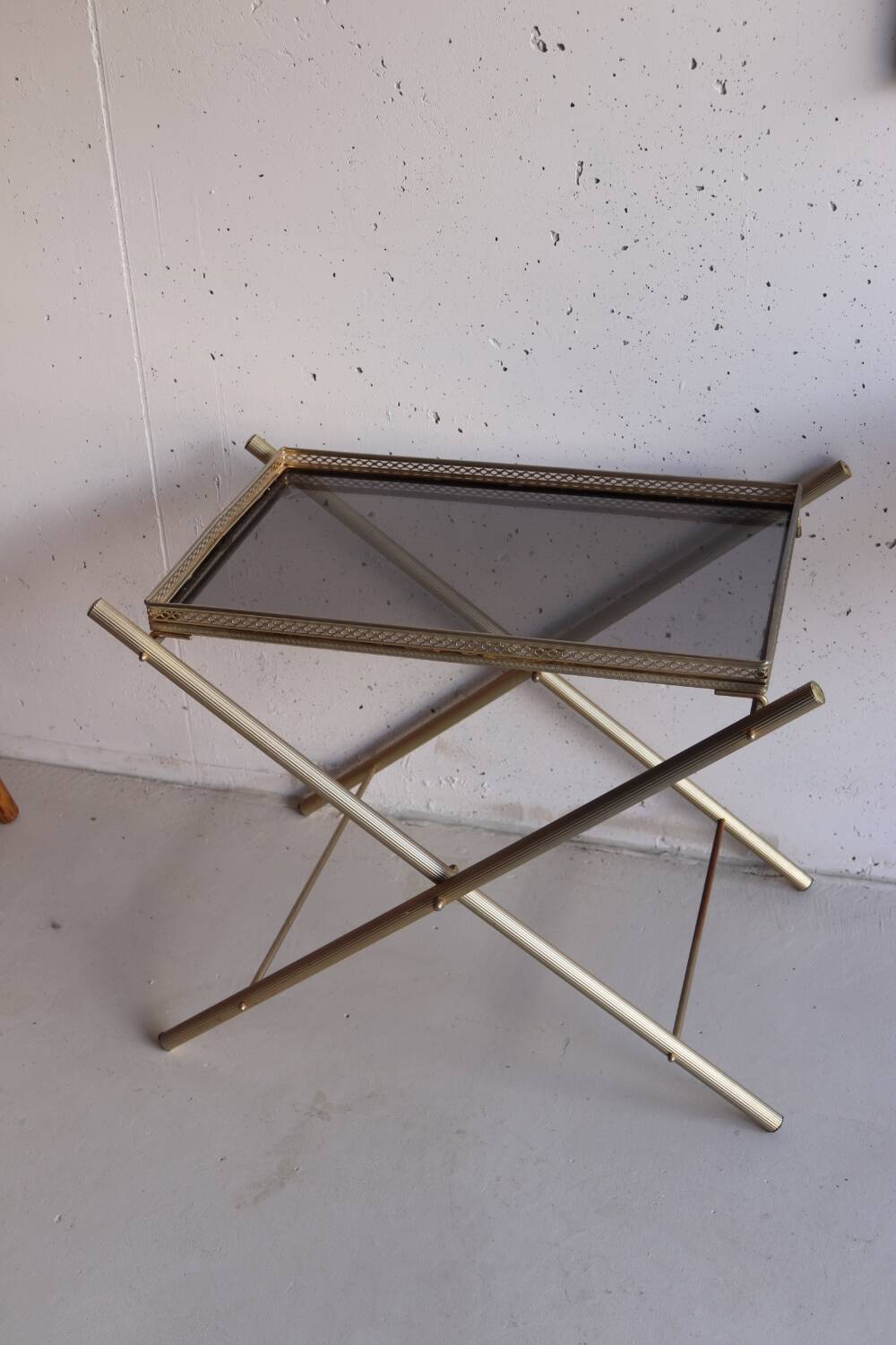 Serving tray, vintage serving tray in smoked glass and gold metal
