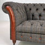 Chesterfield sofa in wood, tweed and leather