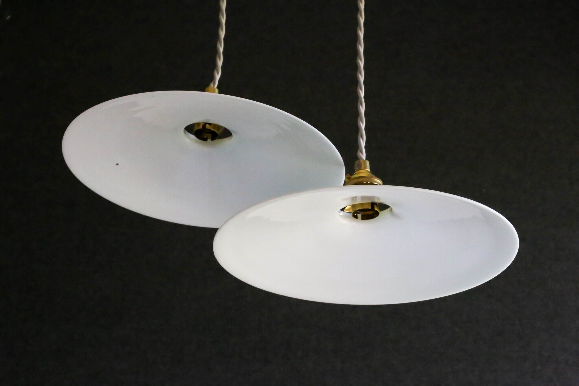2 French suspensions in smooth white opalines with new cables and sockets