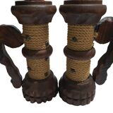 Duo of Wooden Candle Holders with Brutalist-Style Rope Decor