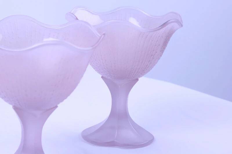 2 frosted pink glass ice cream cups