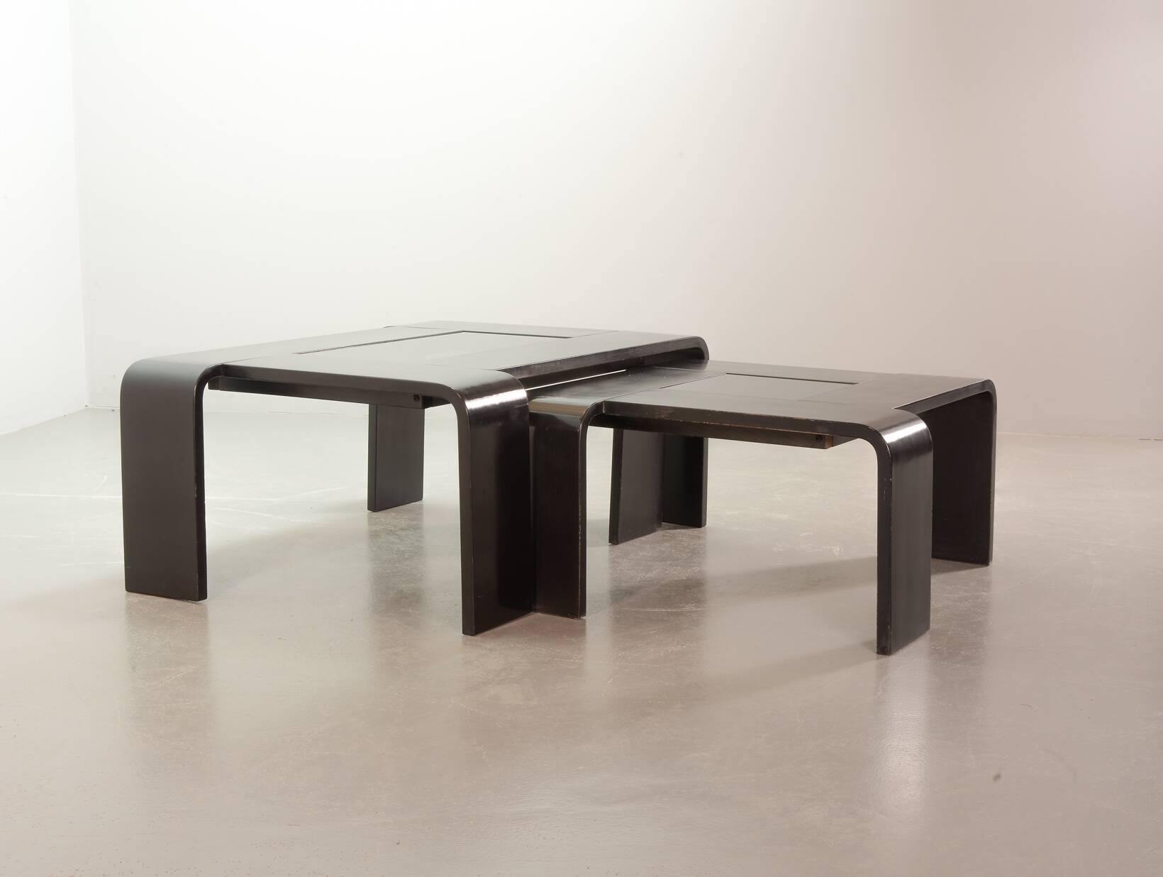 Square Black Lacquered Plywood Coffee Table with Smoked Glass Panel, 1970s