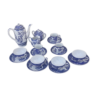 Blue and white Japanese porcelain coffee and tea service pattern cherry blossom and Japanese woman