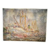 Vintage oil painting of marine cargo at the quay.