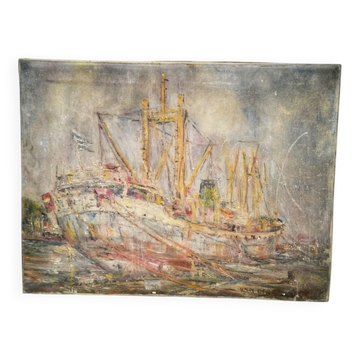Vintage oil painting of marine cargo at the quay.