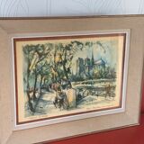 Lithograph notre dame et les bouquinistes signed by Marius Girard vintage