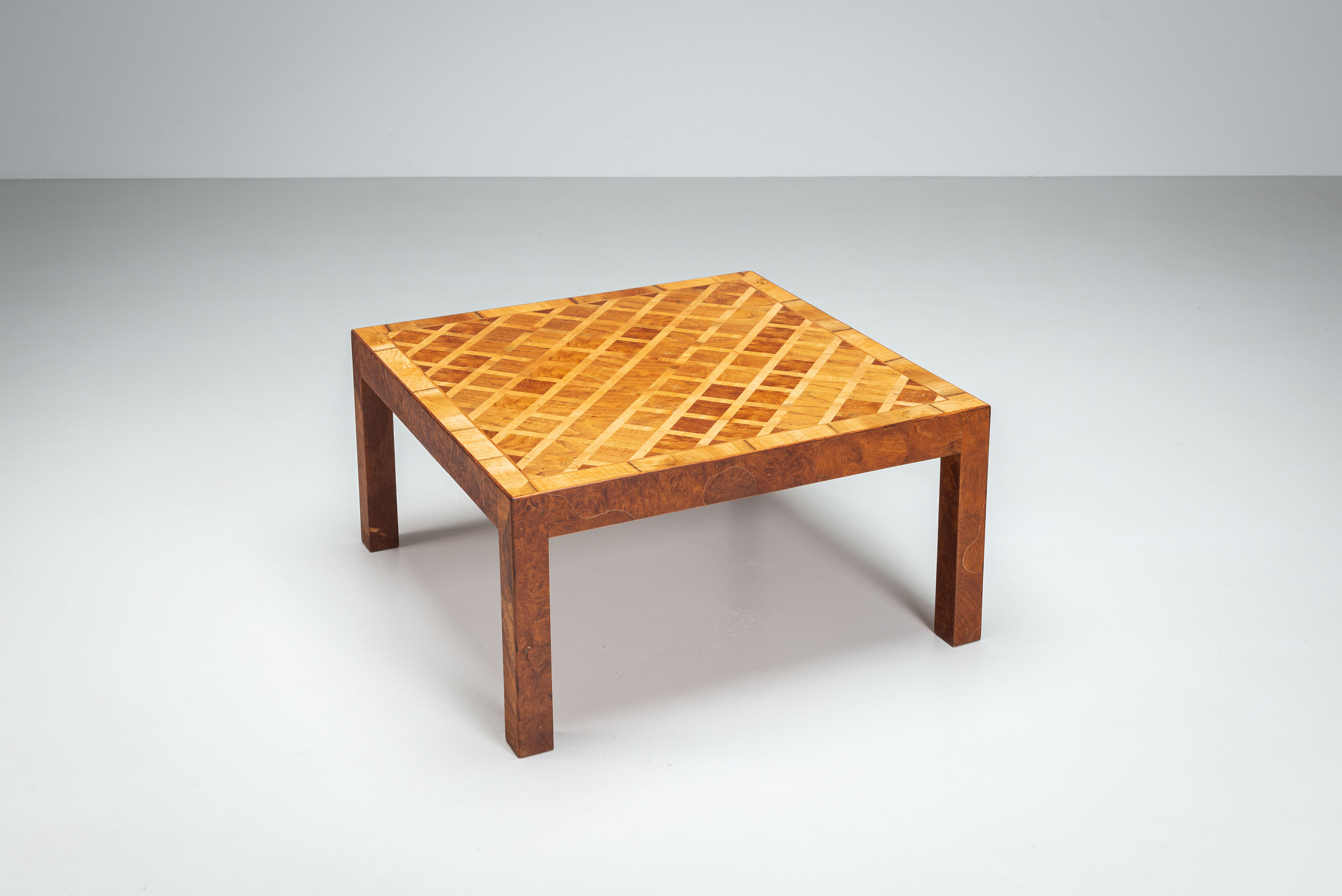 Square Italian coffee table with burl wood and inlaid parquetry top