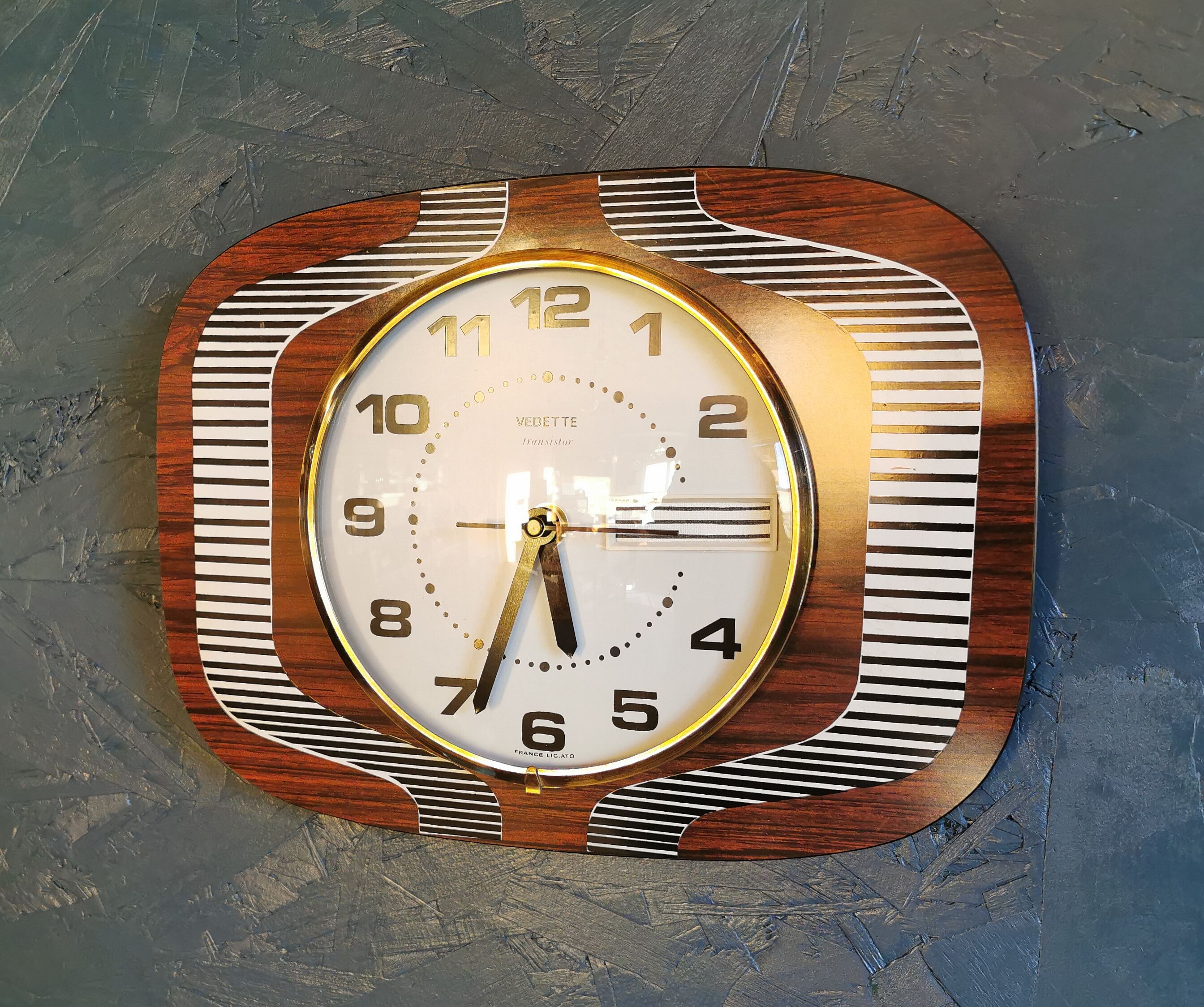 Vintage formica clock silent wall clock "Featured wood stripes"