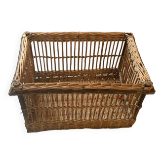 Basket, rectangular baker's basket in wood, branches and old and collector's woven rattan