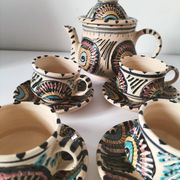 Service à thé marocain vintage, théière et 5 tasses et soucoupes