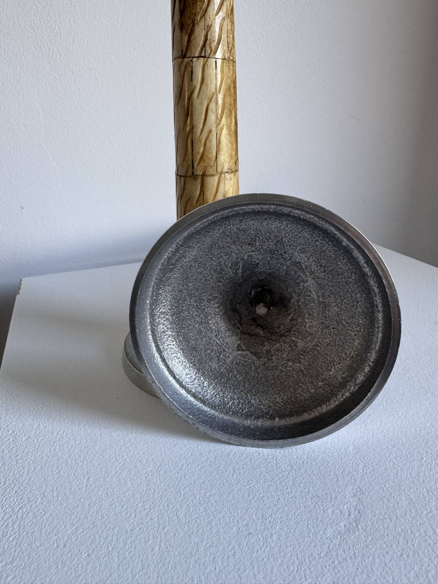 A Pair Of Vintage Mid Century Modern Metal With Faux Bone Candle Holde