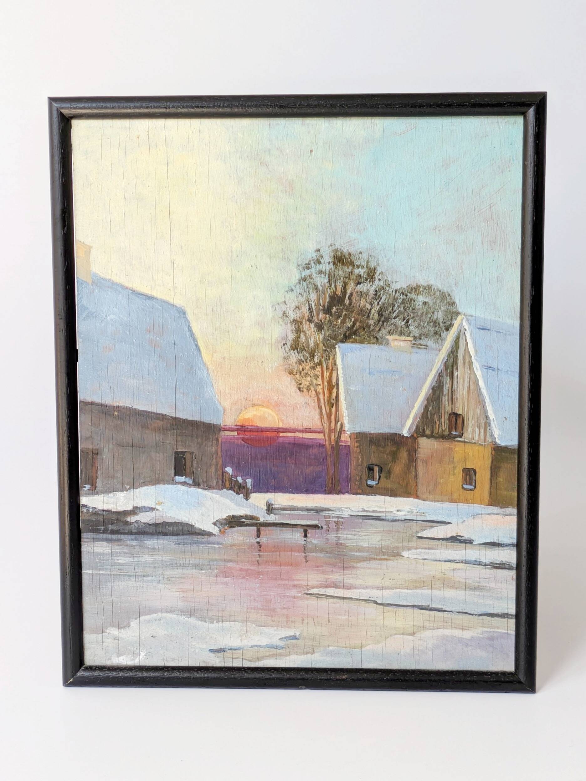 Vintage oil painting, rural winter landscape, 1960s