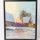 Vintage oil painting, rural winter landscape, 1960s