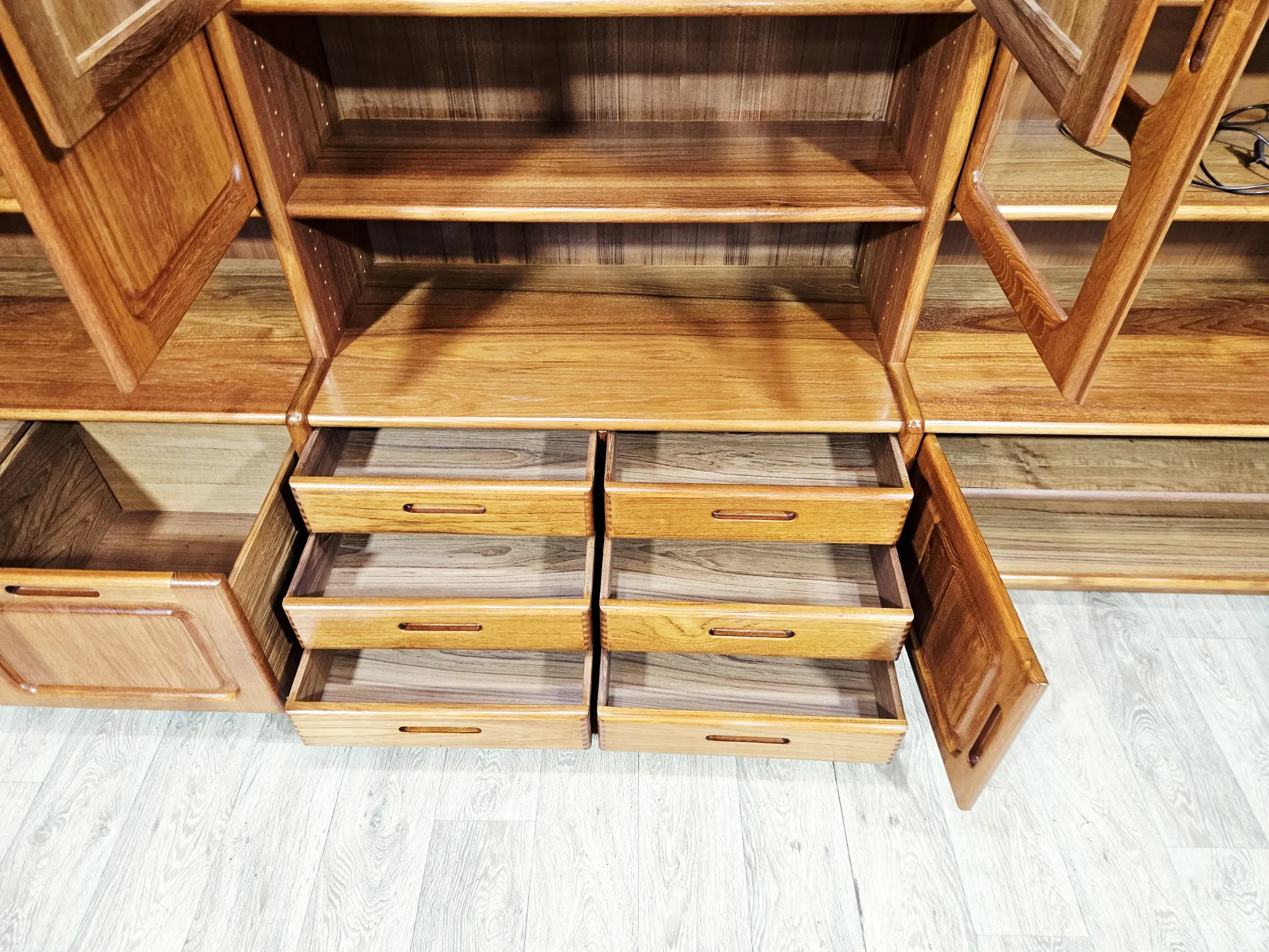 Multifunctional, modular shelving unit/wall system, teak, Denmark, 60s/70s