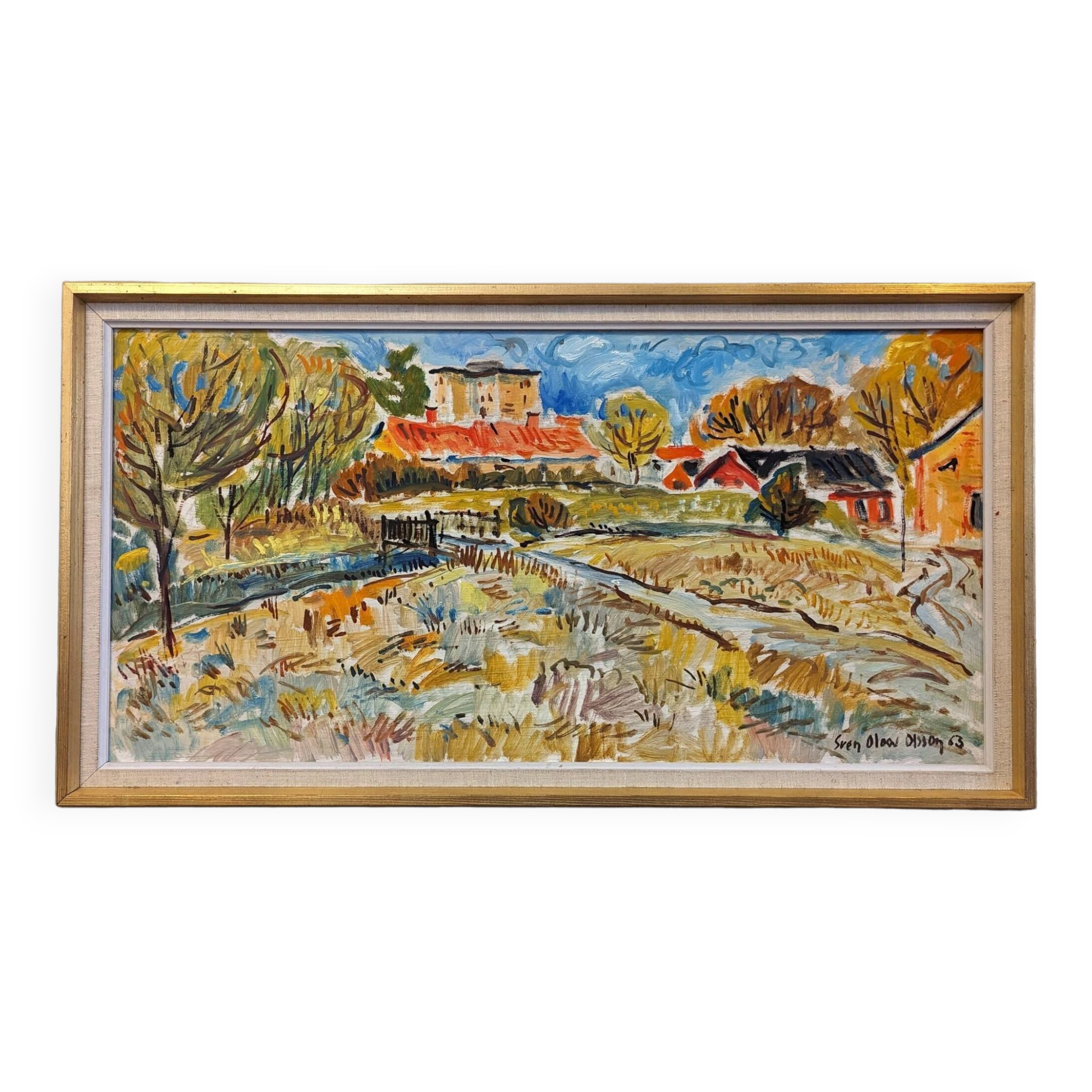 Mid-Century Modern Swedish "Fauvist Field" Vintage Landscape Oil Painting, Framed