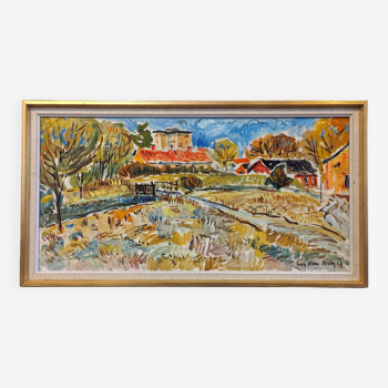 Peinture à l’huile de paysage vintage suédoise moderne du milieu du siècle « Champ fauviste », encadrée