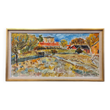 Mid-Century Modern Swedish "Fauvist Field" Vintage Landscape Oil Painting, Framed