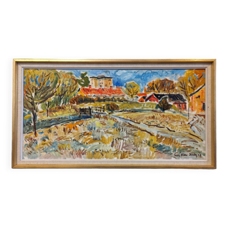 Mid-Century Modern Swedish "Fauvist Field" Vintage Landscape Oil Painting, Framed