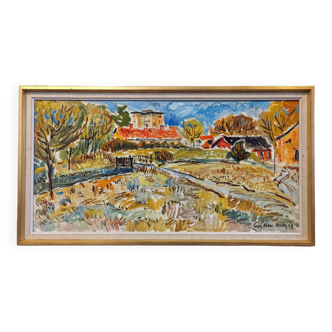 Peinture à l’huile de paysage vintage suédoise moderne du milieu du siècle « Champ fauviste », encadrée