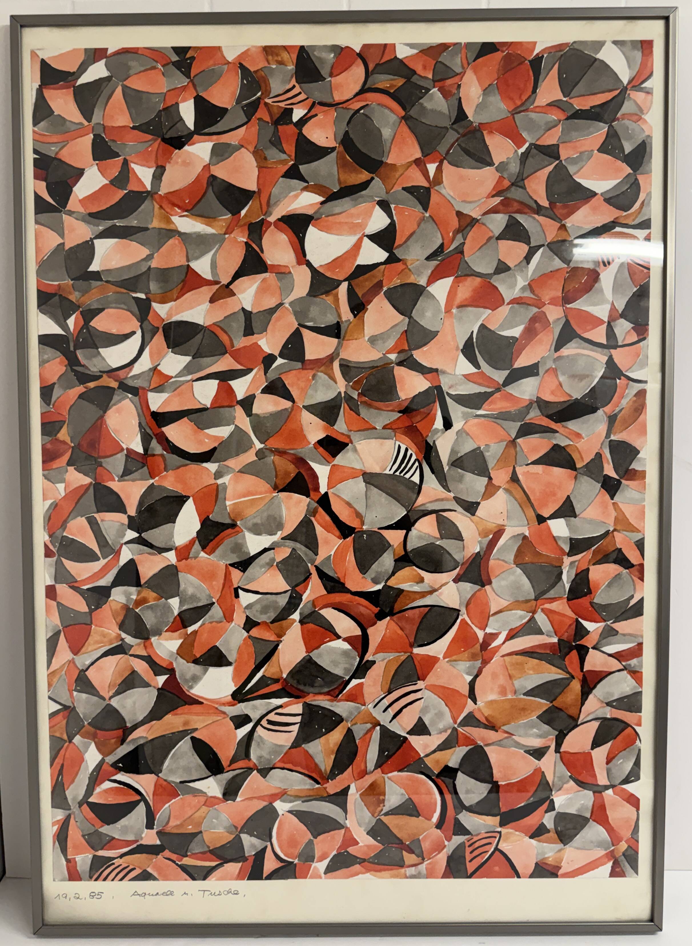 Helmut Dittmann – Abstract Rhythmic in Red , Watercolour & Ink, 1985