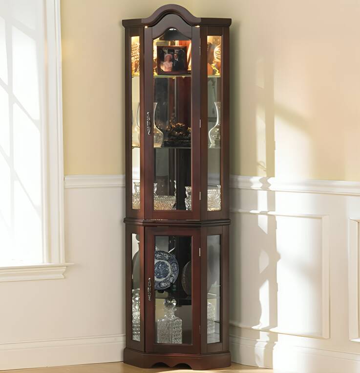 Corner Wine Cabinet with Glass Doors, Peach Blossom Wood Finish