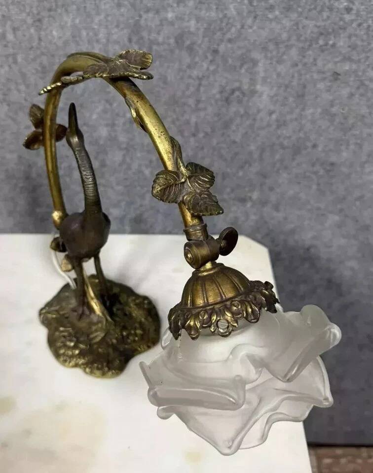 Large Art Nouveau Heron Lamp in bronze with double patina