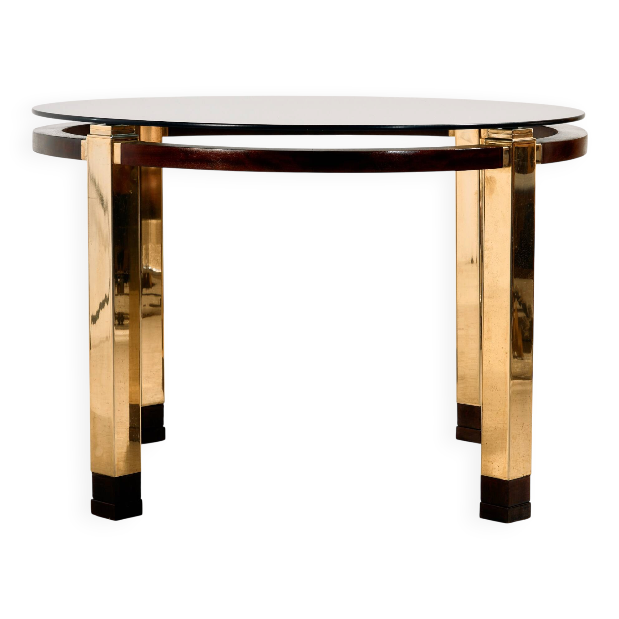 Restored dining table in mahogany and brass.