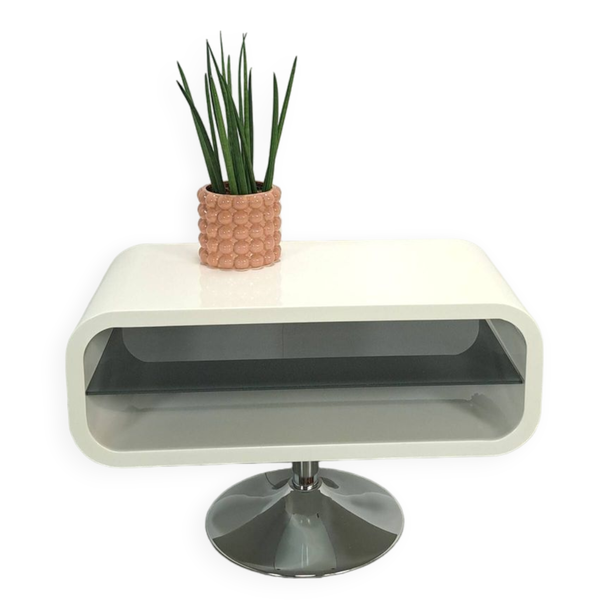 Witte tafel met afgeronde hoeken en glassen blade, tv meubel