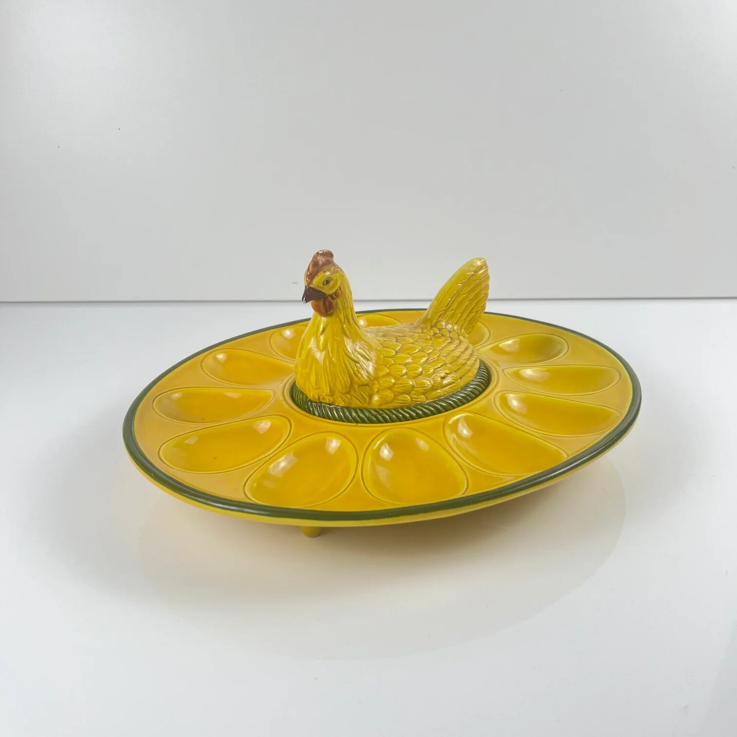 Ceramic yellow egg plate/display with hen, 20th century