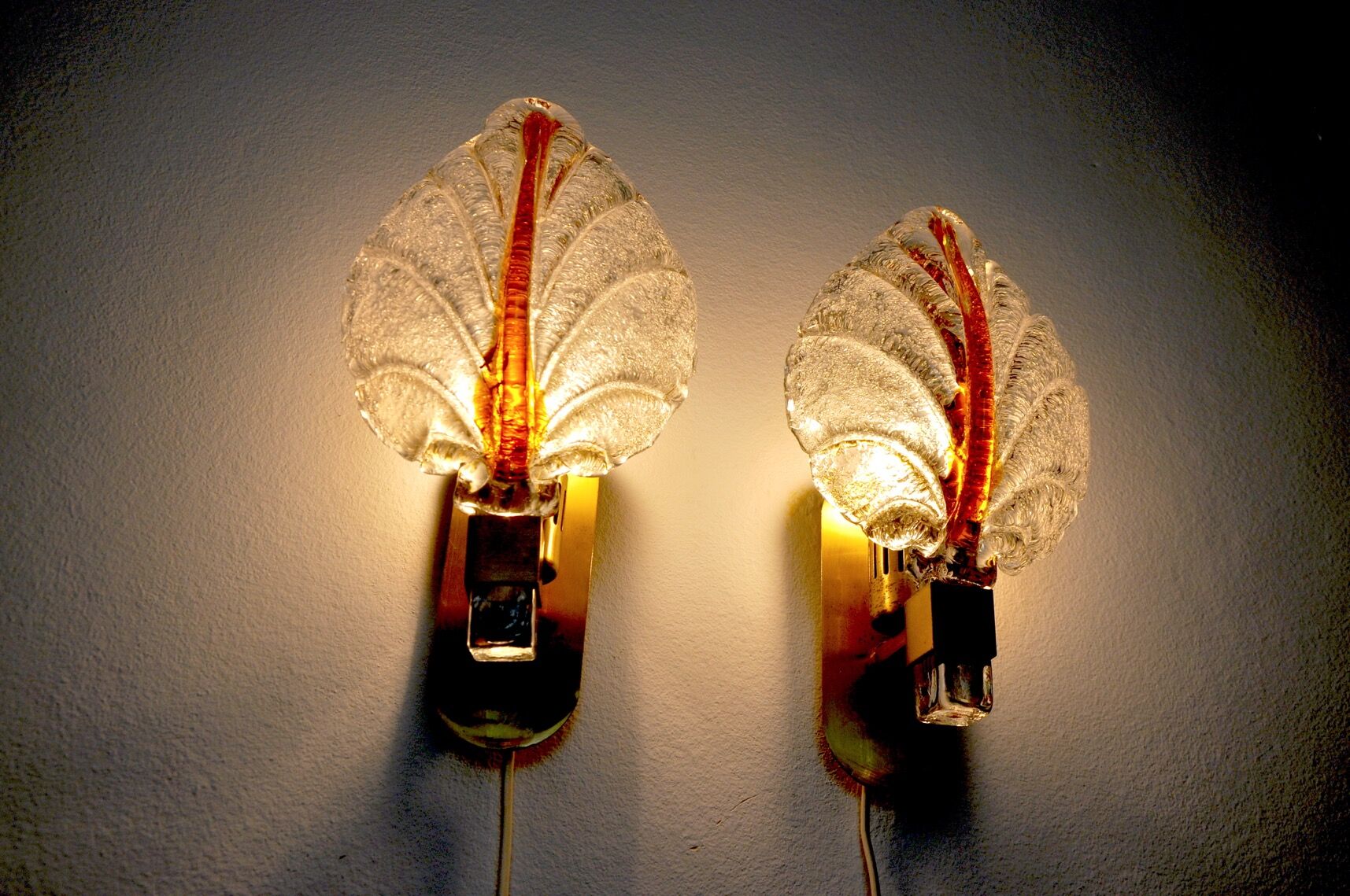 Pair of "leaf" wall lamps by Carl Fagerlund, Murano glass, Germany, 1970
