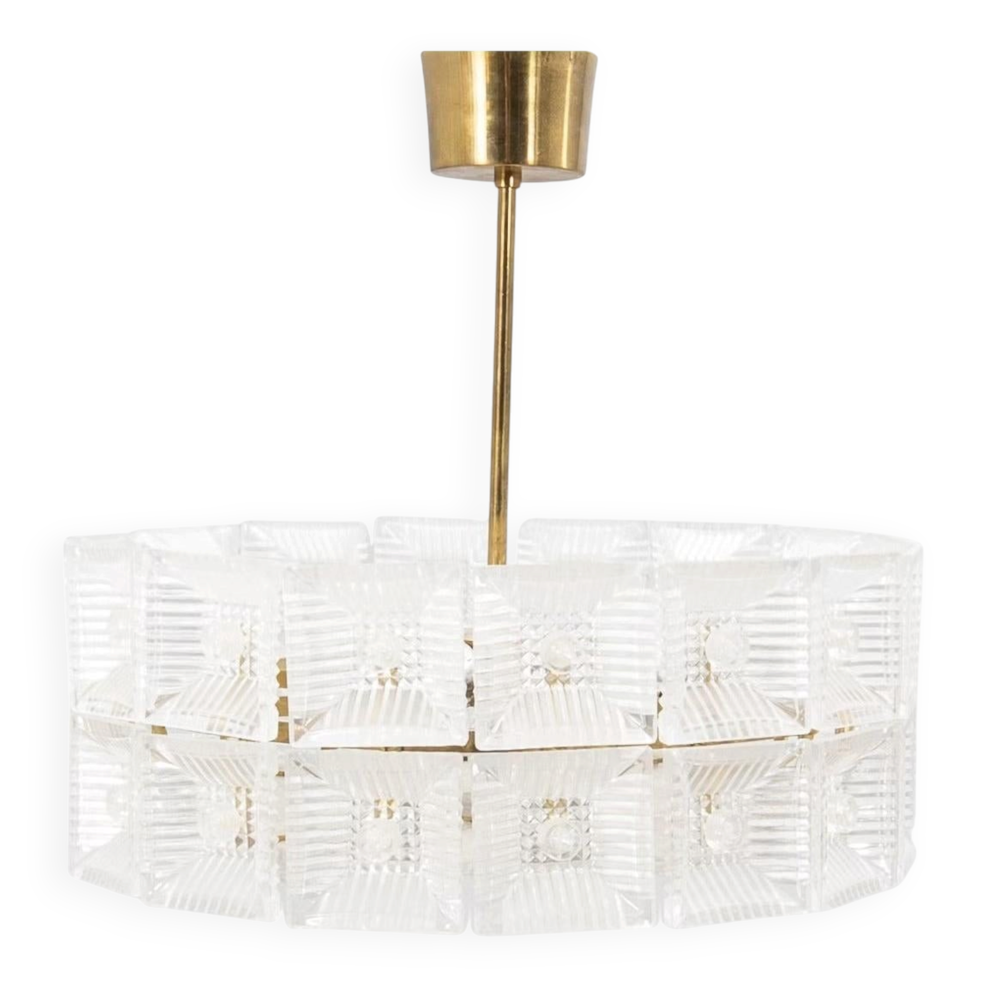 Suspended glass and brass lamp by Carl Fagerlund for Orrefors, Sweden, 1960.