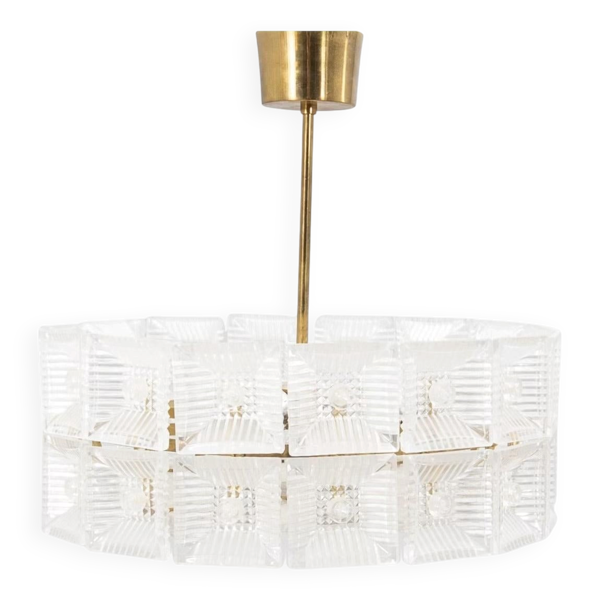 Lampe suspendue en cristal de verre et laiton de Carl Fagerlund pour Orrefors, Suède, 1960