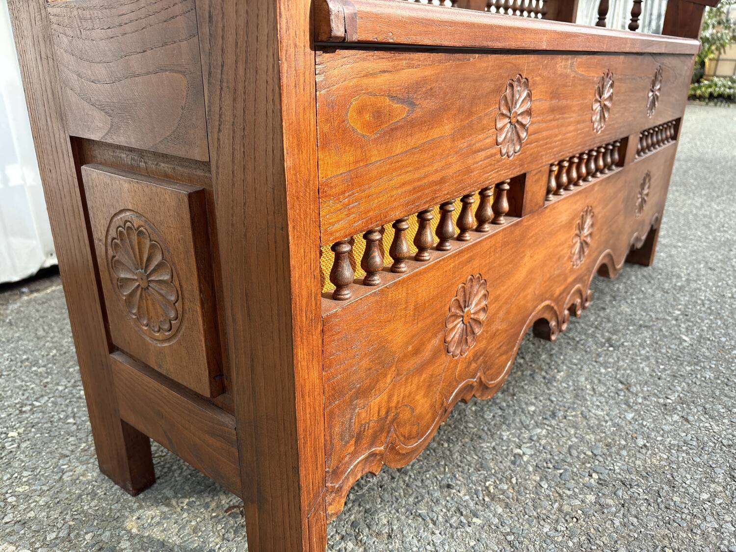 Carved wooden storage bench – rustic Savoyard style