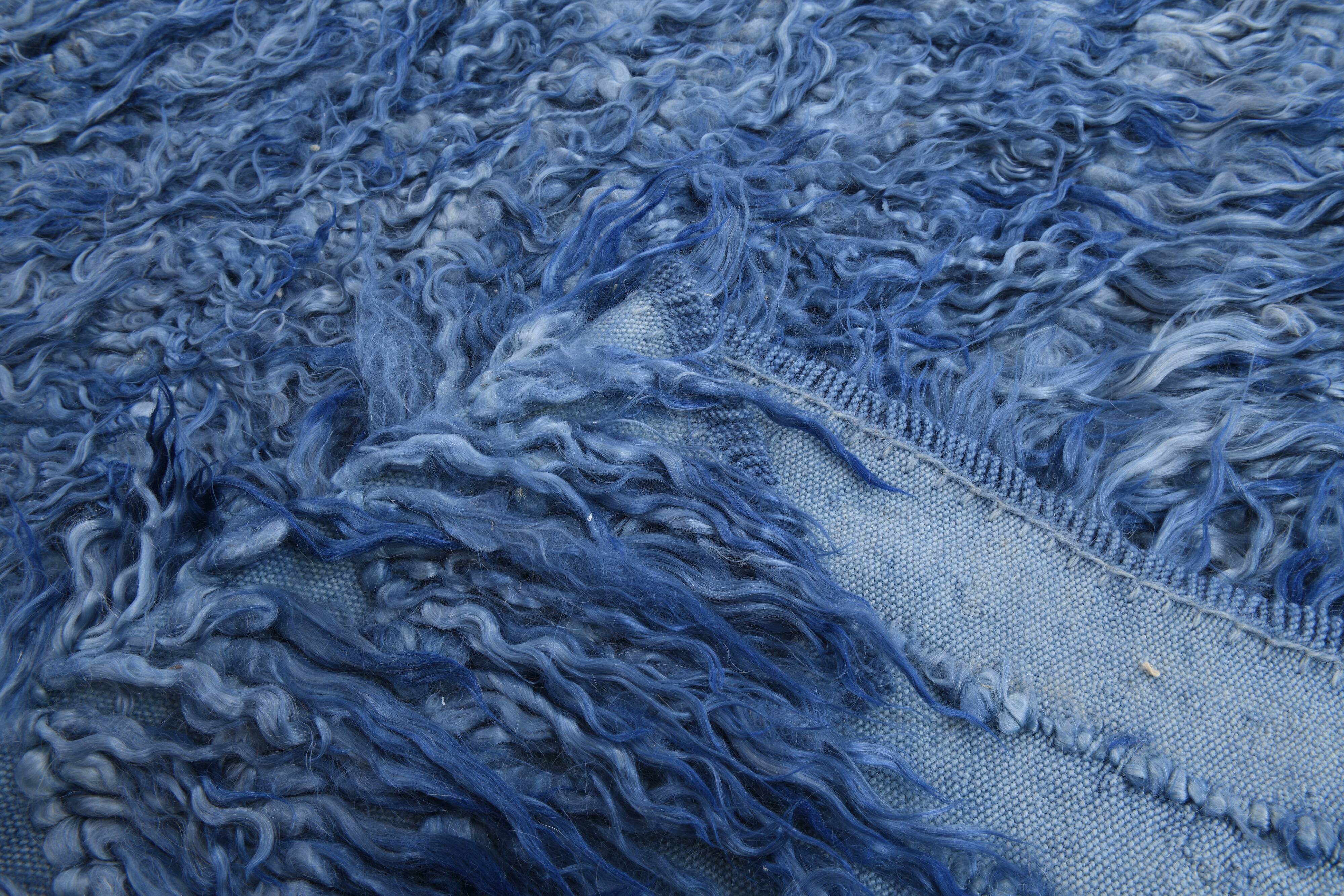 4x9 handmade wool blue vintage rug, 122x266cm