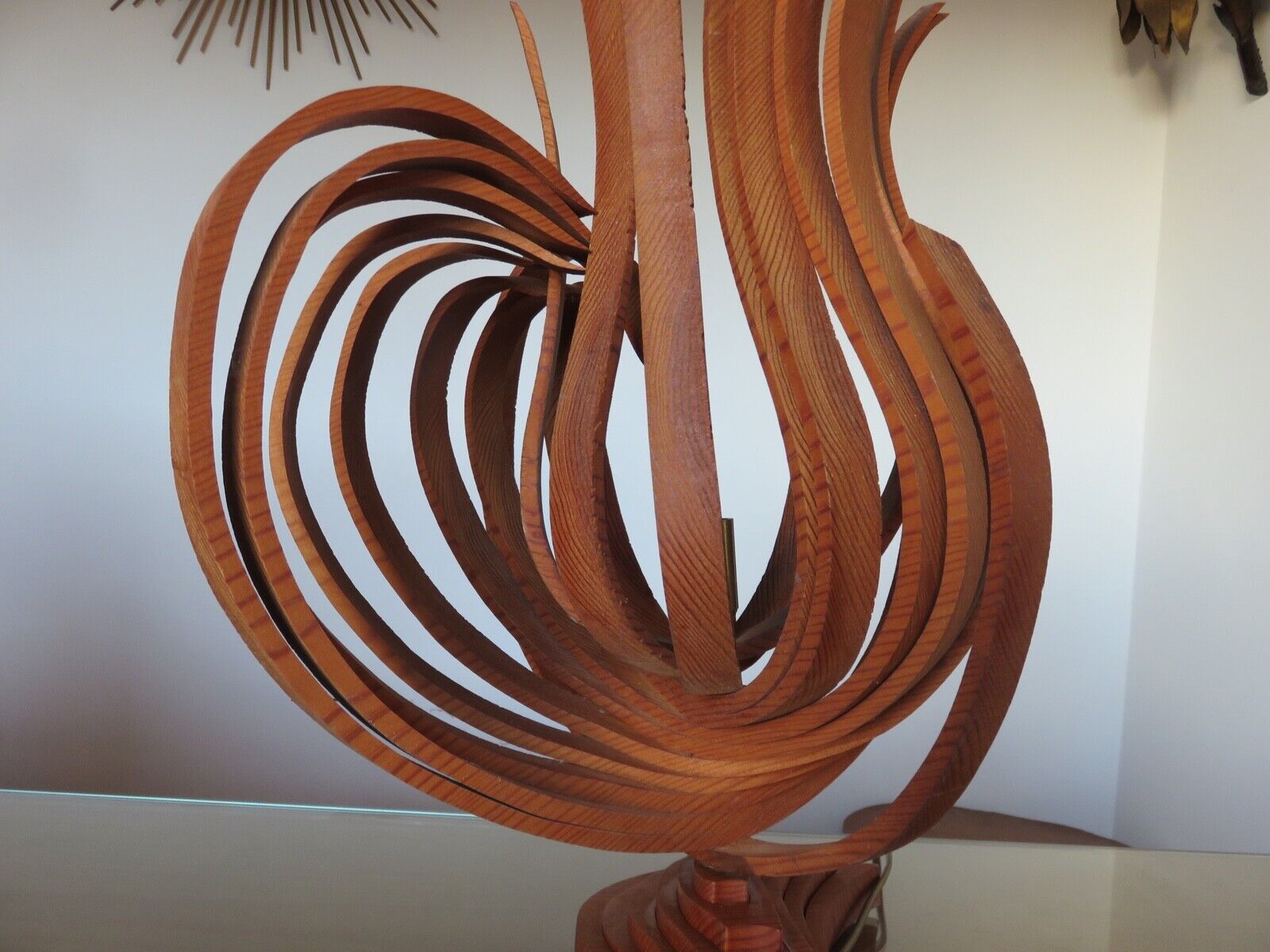 Large Scandinavian arched wooden lamp 60s 70s