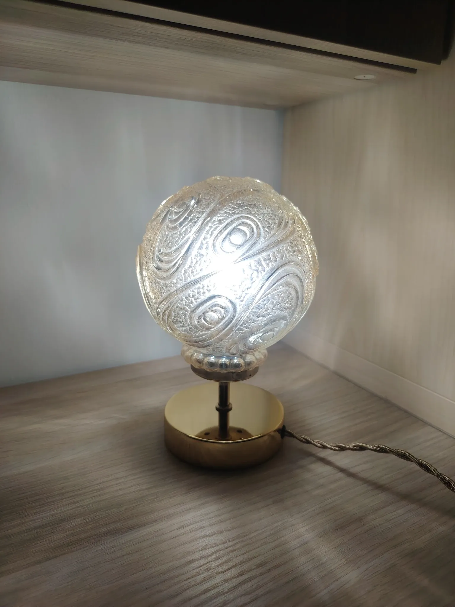 Vintage textured amber moulded globe bedside lamp