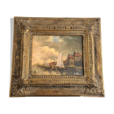 Old Oil Panel Wood Marine Boat Dutch Flemish Port 19th Century