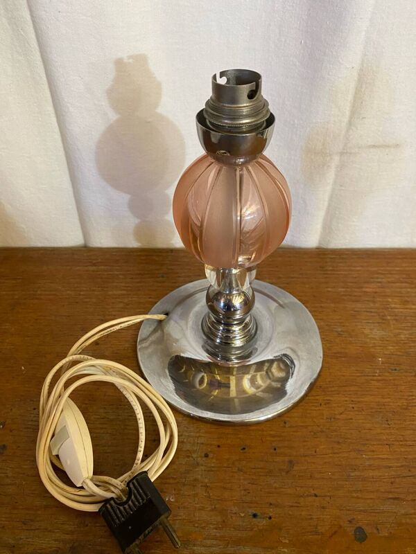 Pied de Lampe Ancien Boule Verre Rose & Transparent Pied Chromé Vintag