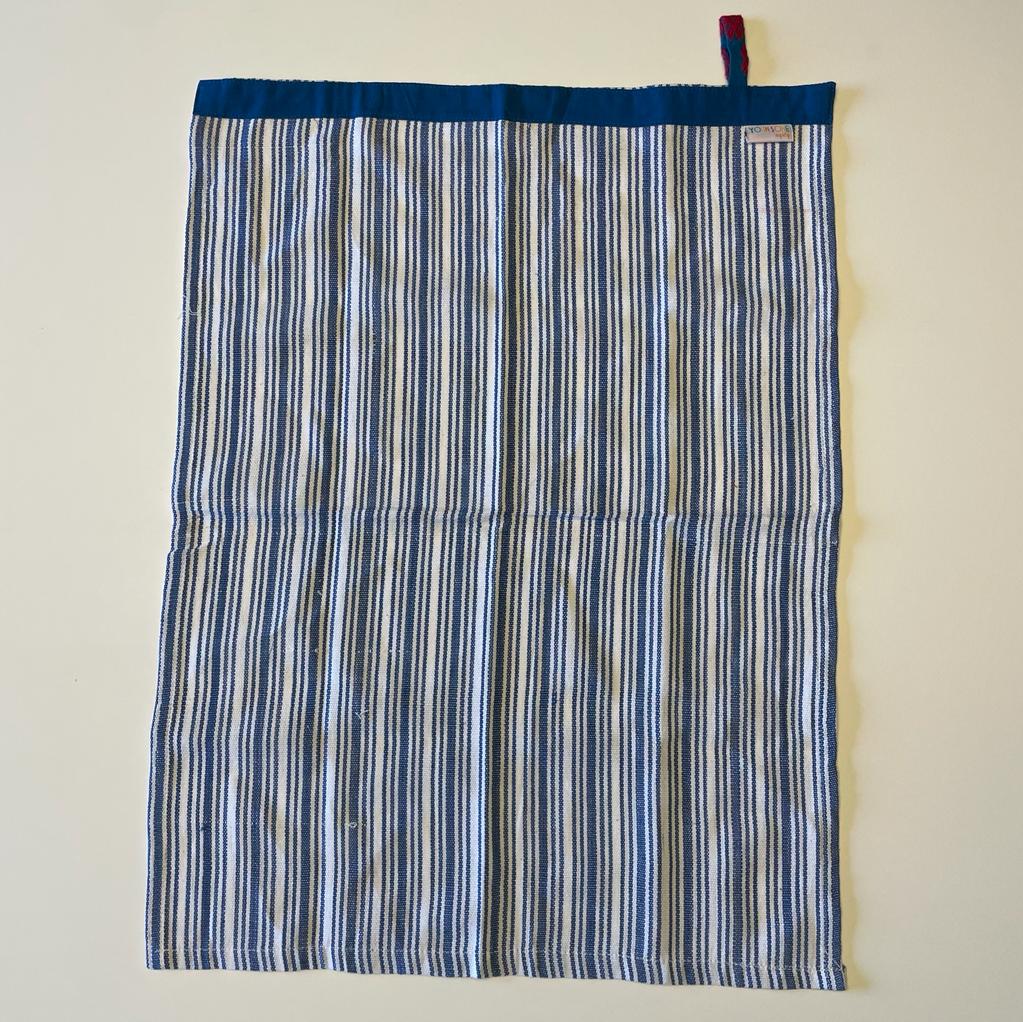 Two-tone blue and white striped tea towel