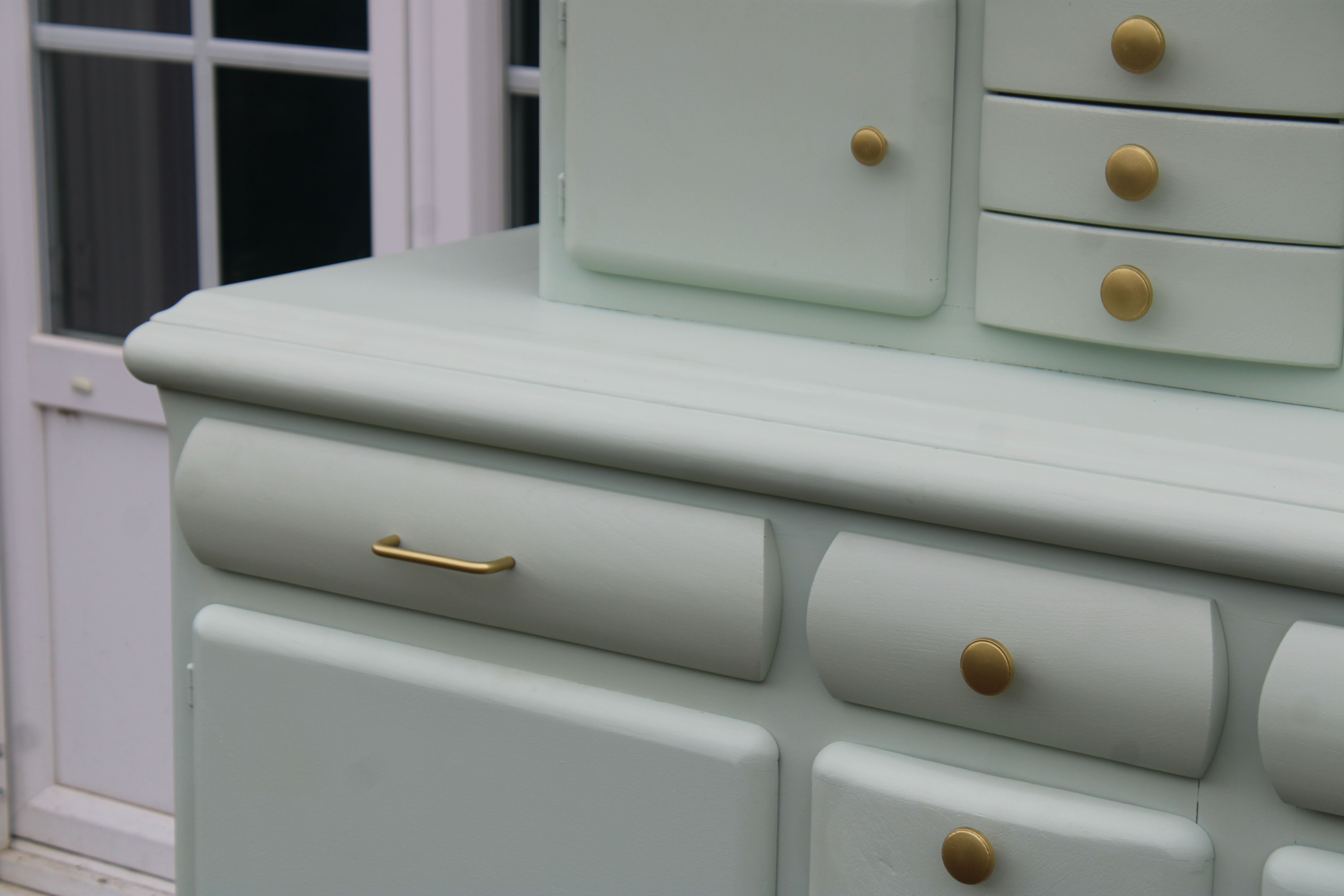 Renovated vintage Mado sideboard – Celadon green & natural cane