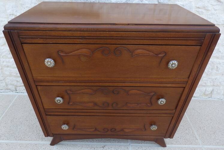 Art Deco chest of drawers with 3 drawers, brass flower handle, solid wood - Very beautiful