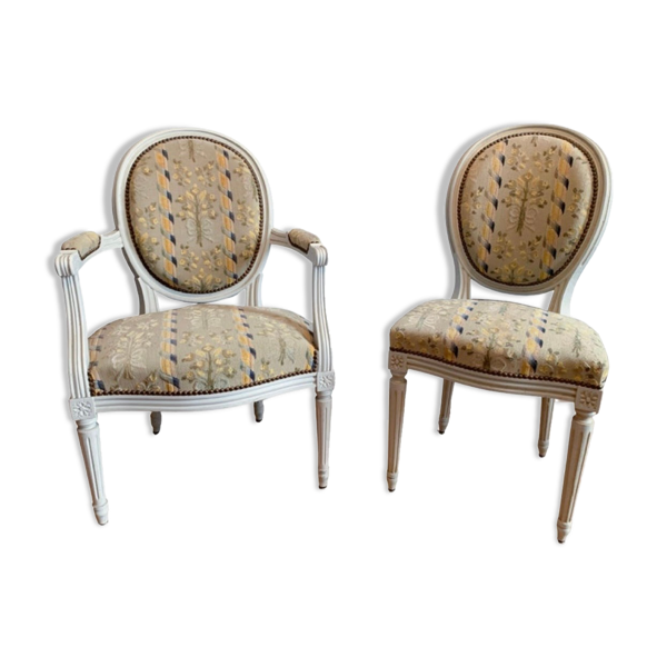 Chaise et fauteuil médaillon, style louis xvi, vers 1950 — Beyit