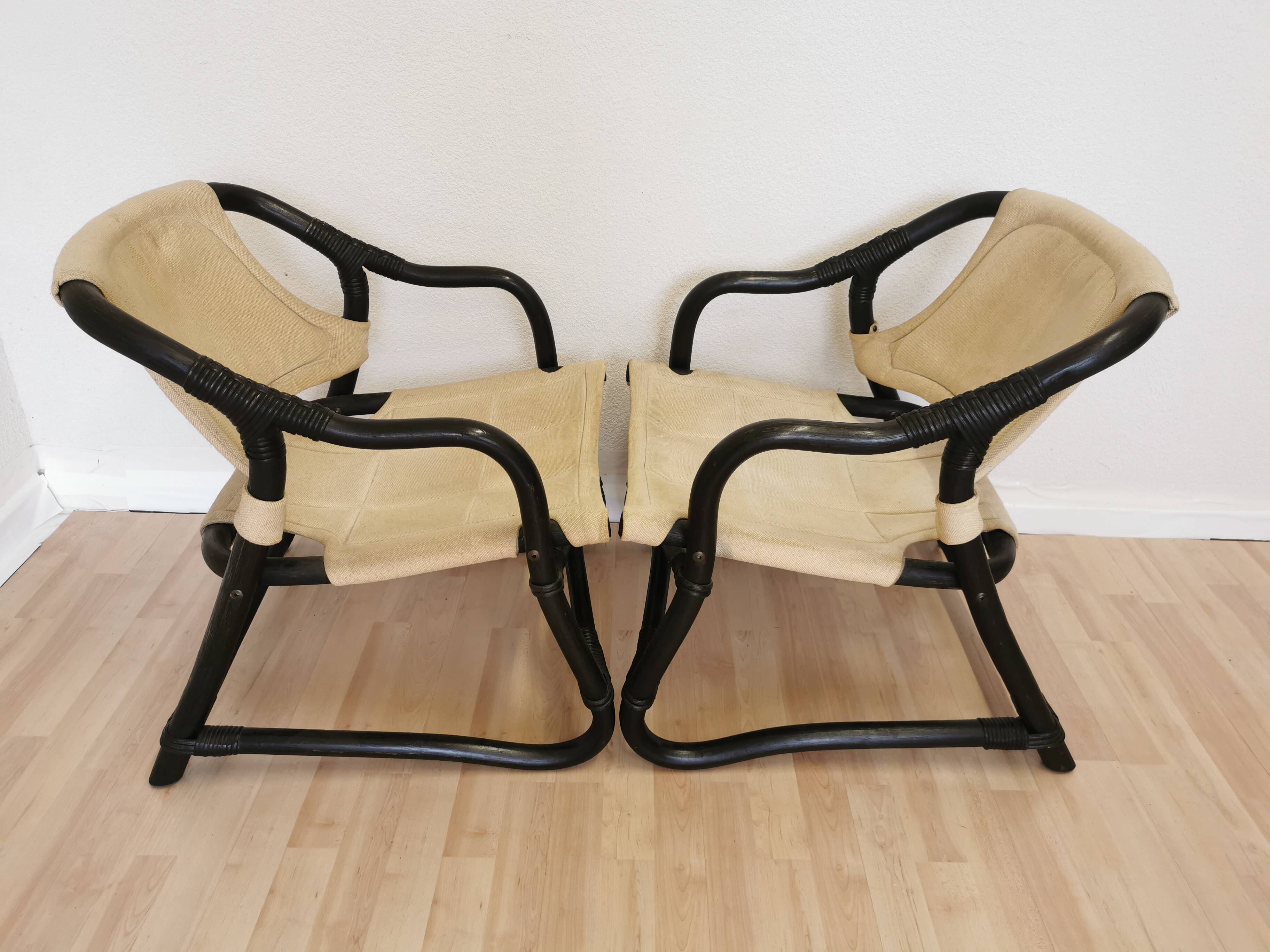 2 Vintage Espri Safari Lounge Armchairs / Rare Mid-century Black Bamboo and Beige Fabric Easy C