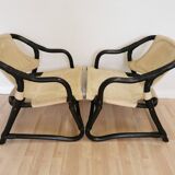 2 Vintage Espri Safari Lounge Armchairs / Rare Mid-century Black Bamboo and Beige Fabric Easy C