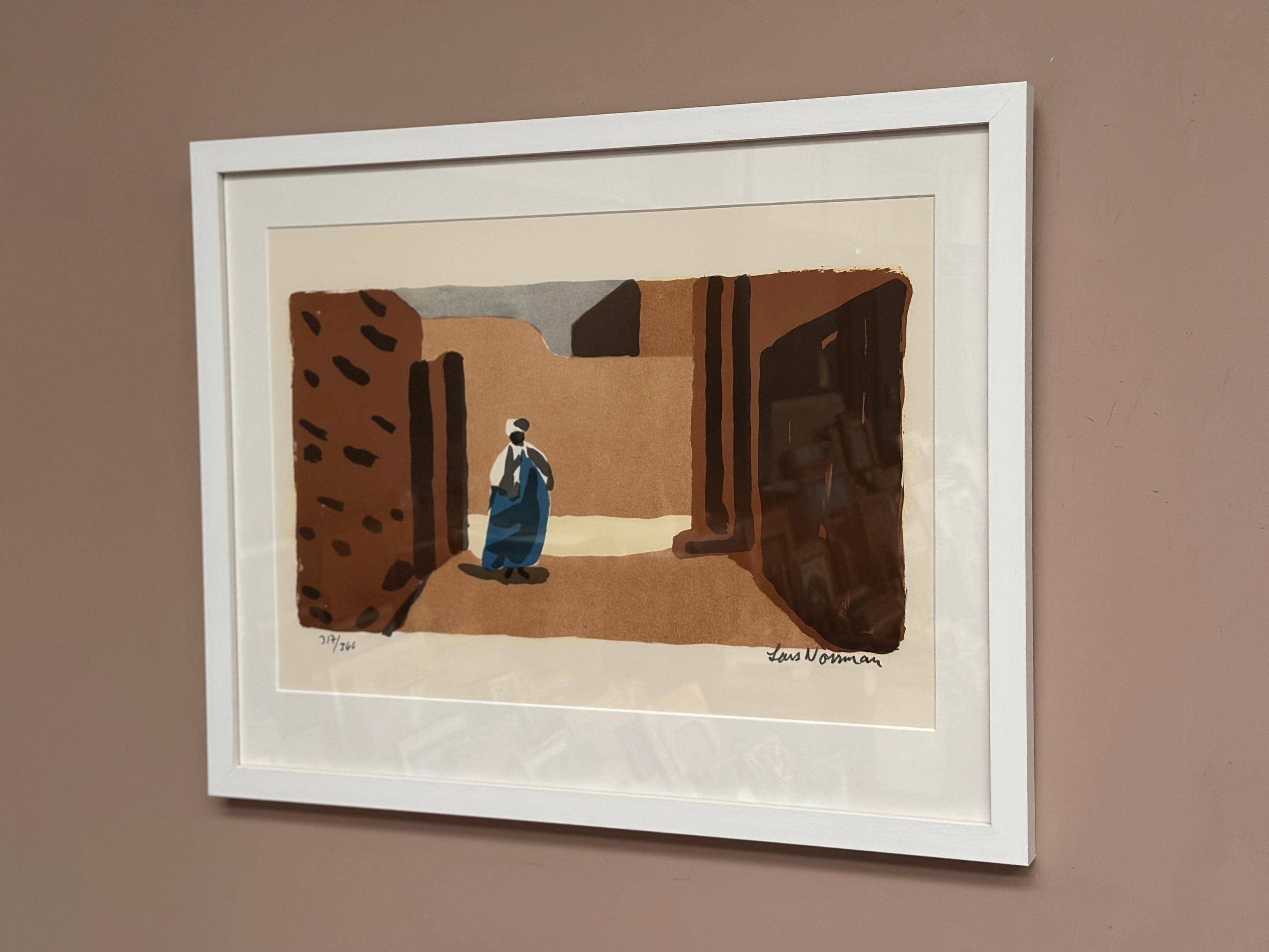 Original Swedish Color Lithograph – “Figure in a Sunlit Desert” by Lars Norrman