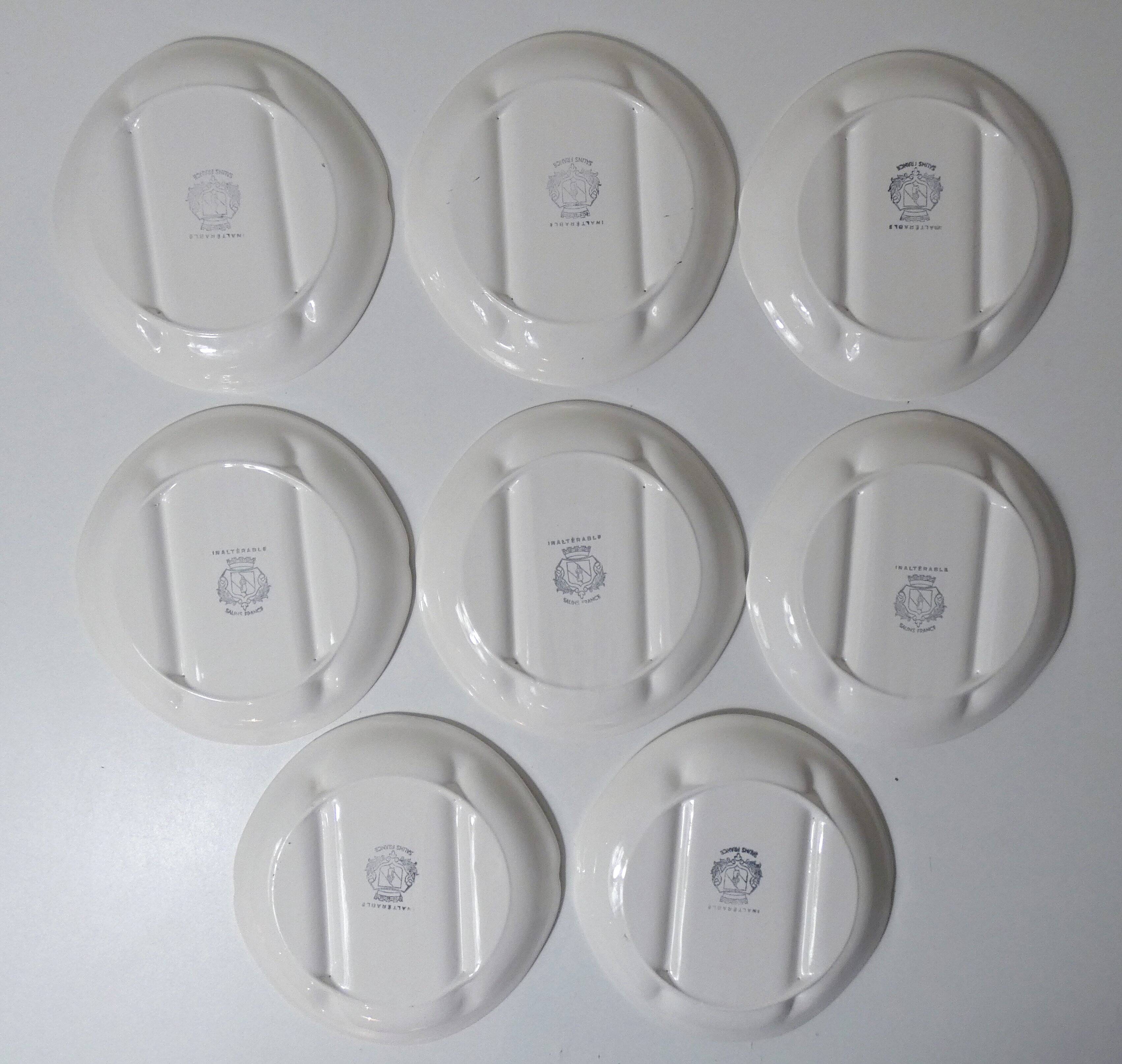 8 plates + 1 asparagus dish, salins earthenware, vintage white pompadour