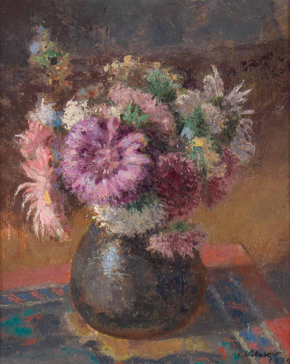 Small bouquet of flowers on entablature-signed J. Nebesov-dated 1935
