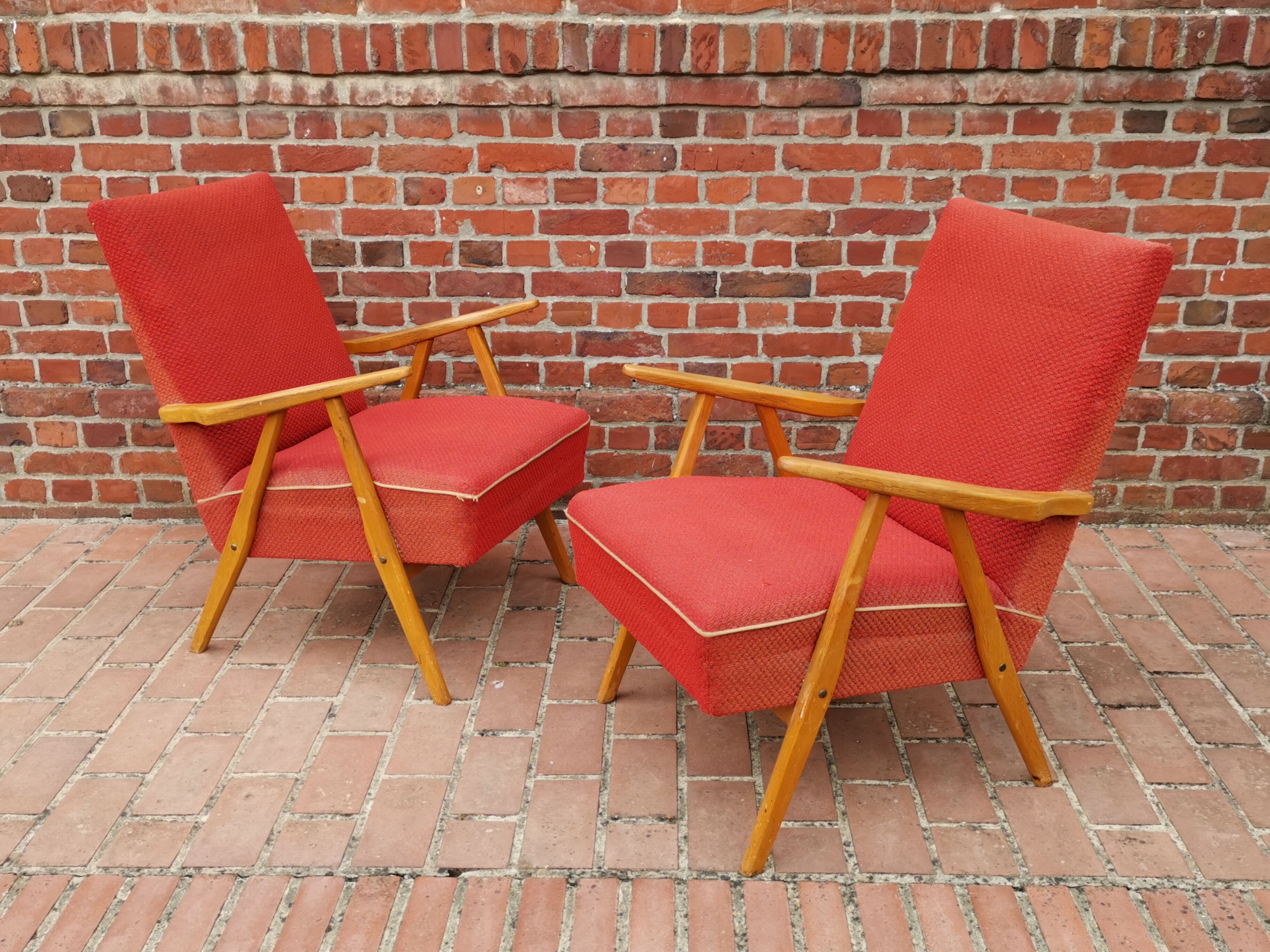 Pair of czechoslovak armchairs red compass feet annee 60