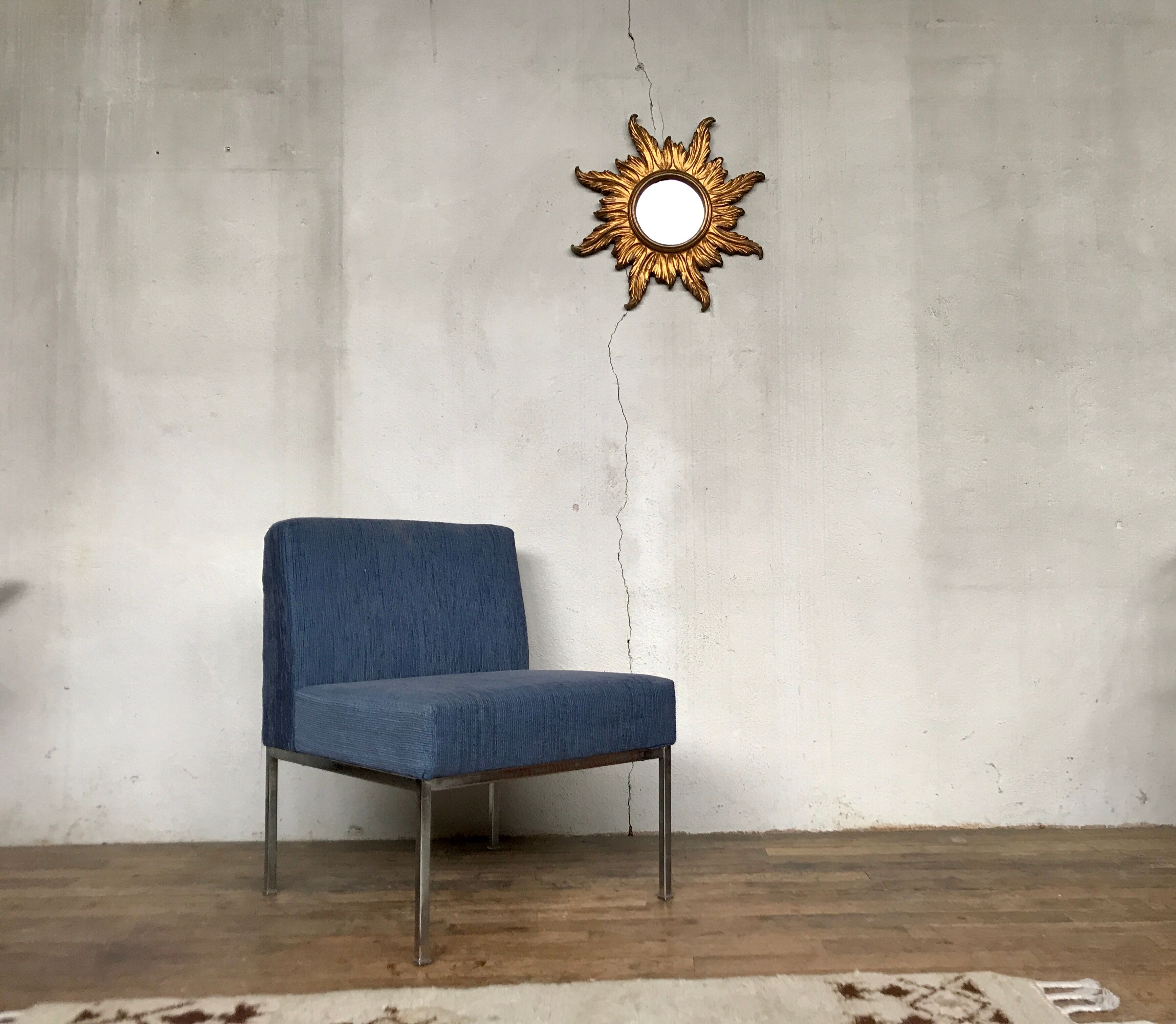 Chrome foot heated chair and vintage blue fabric, 1970