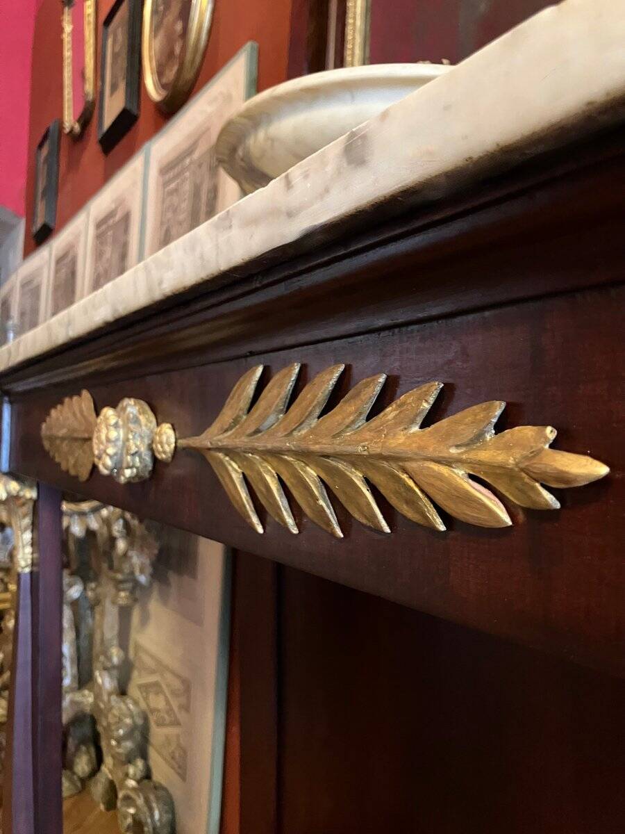 Italian Empire Mahogany and Parcel Gilt Console with Mirror and Carrara Marble Top, Late 18th Century
